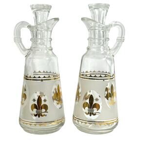 Anchor Hocking Starlyte Clear Gold Fleur de Lis Vintage Oil & Vinegar Cruet Set